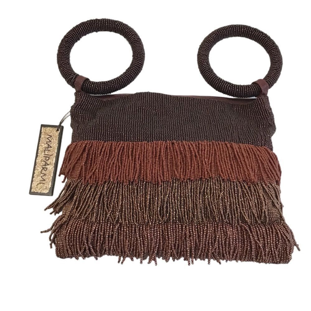 Anthropologie Maliparmi Brown Metallic Two Ring Handle Beaded Hand Bag Wristlet